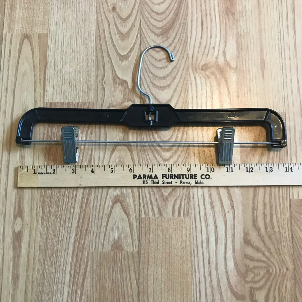 Black Plastic Hangers w/Clips. Set of 11. 14” long. For Skirts, Pants, Slacks.